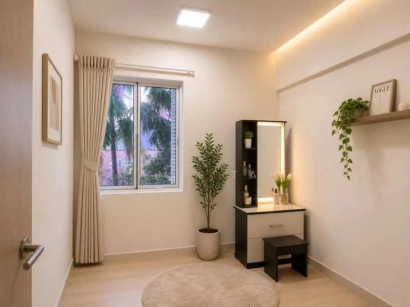 Bedroom features: light wood flooring, white painted walls, recessed ceiling lights, floor-to-ceiling window, sheer curtains, decorative mirror, vanity table with storage, black stool, potted plant, wall-mounted shelf, area rug with circular shape; style: modern; view: garden.