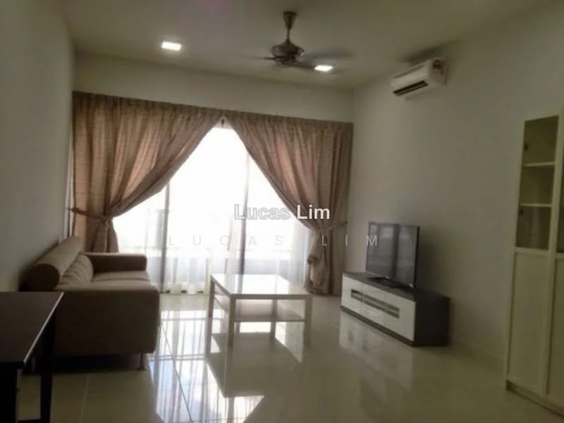 Living features: cream painted walls, polished tile flooring, 5-blade ceiling fan with light, wall-mounted split AC, large floor-to-ceiling windows, sheer curtains, beige fabric sofa, white coffee table, TV console, wall-mounted TV, built-in shelving unit; style: modern.