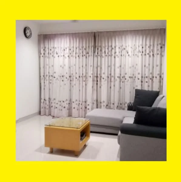 Living features: grey sectional sofa, coffee table with storage, floor-to-ceiling windows, sheer curtains with floral pattern, clock on wall, light-coloured walls, glossy tile flooring, recessed ceiling lights; style: modern.