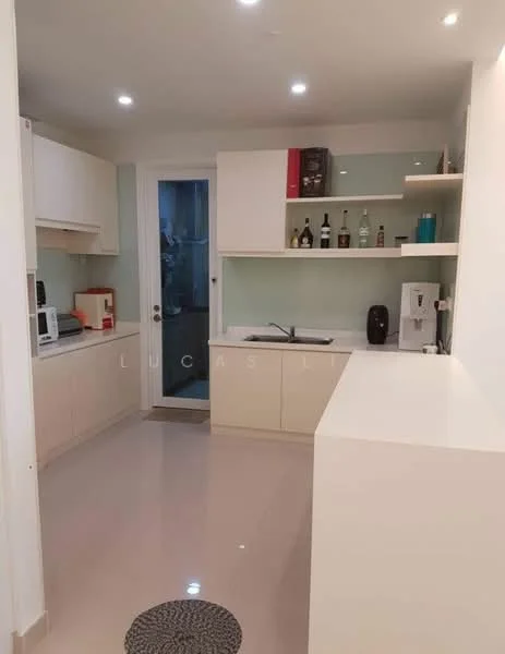 Kitchen features: white cabinetry, light green backsplash, stainless-steel sink, chrome faucet, built-in microwave, freestanding range oven, toaster, refrigerator, open shelving, countertop with bar area, tile flooring, recessed LED downlights, door leading outside; style: modern.