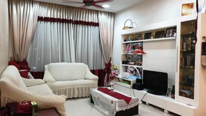 Living features: 2-seater fabric sofa in cream, 3-seater fabric sofa in cream, coffee table with decorative cloth, TV console with wall-mounted TV, white shelving unit, decorative trophies on shelves, red and cream curtains, ceiling fan with light, wall-mounted lamp, decorative wall art; style: contemporary.