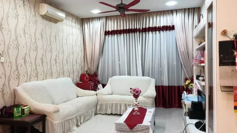 Living features: 2-seater fabric sofa in white, ceiling fan with light, white walls with floral wallpaper, curtains in sheer and red fabric, marble flooring, decorative table with red runner, shelves with decorative items, air conditioning unit on wall, wall-mounted calendar; style: contemporary.