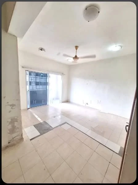 Room features: white painted walls, ceiling fan, 2 ceiling lights, tiled flooring, sliding glass door, balcony access, neutral color scheme, open layout; style: minimalist.