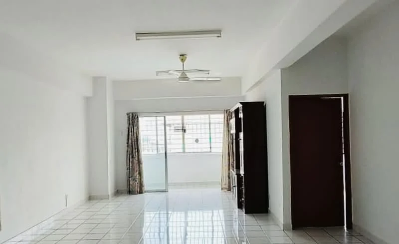 Room features: white painted walls, glossy ceramic tile flooring, ceiling fan, large windows with sheer curtains, sliding glass door, built-in wooden cabinet, doorway leading to another room; style: modern; view: city.