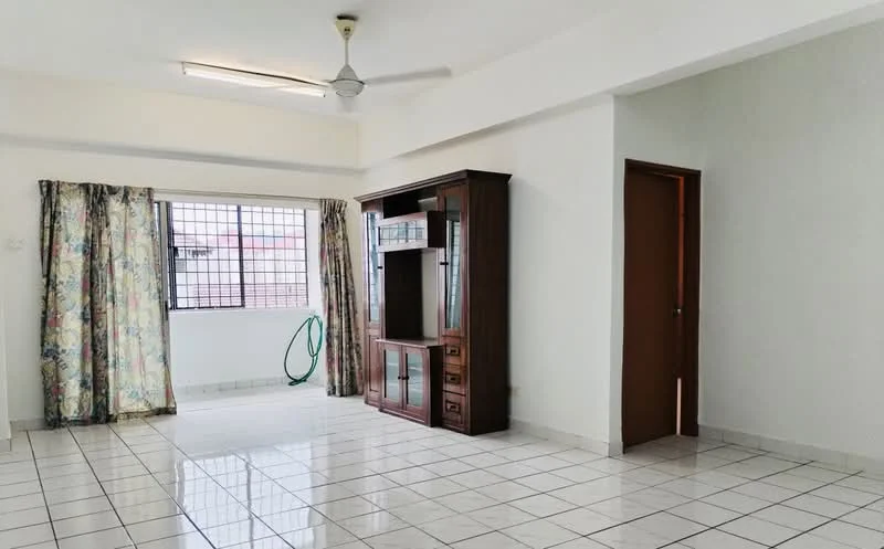 Living features: white painted walls, white ceiling, ceiling fan, large window with floral curtains, tiled flooring, built-in wooden cabinet, doorway leading to another room, green hose visible near window.