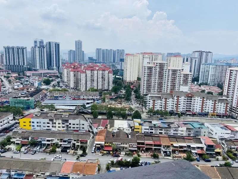 Exterior type: high-rise condominium; features: city skyline view, multiple high-rise buildings, mixed-use development, red-tiled roofs, urban landscape, surrounded by residential and commercial areas; style: modern.