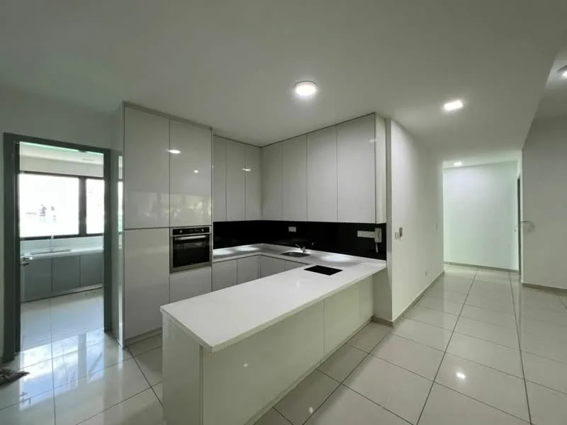 Kitchen features: white high-gloss cabinetry, black countertop, built-in oven, stainless-steel sink, single-bowl stainless-steel sink, chrome pull-down faucet, island with breakfast bar, ceramic tile flooring, recessed LED downlights, floor-to-ceiling windows, open layout, neutral wall color; style: modern.
