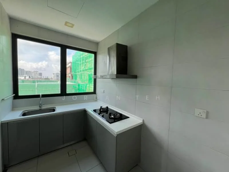 Kitchen features: single-bowl stainless-steel sink, chrome pull-down faucet, white countertop, grey flat-panel cabinets, built-in gas hob, exhaust hood, white tiled walls, grey tiled flooring, floor-to-ceiling window, city view; style: modern; view: city.