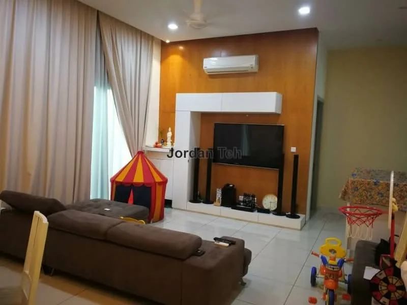 Living features: 3-seater fabric sofa in grey, wall-mounted TV, TV console, wood feature wall in brown, white shelving unit, ceiling fan, recessed downlights, large windows with sheer curtains, tile flooring, decorative children's play tent, colorful children's toys; style: modern.