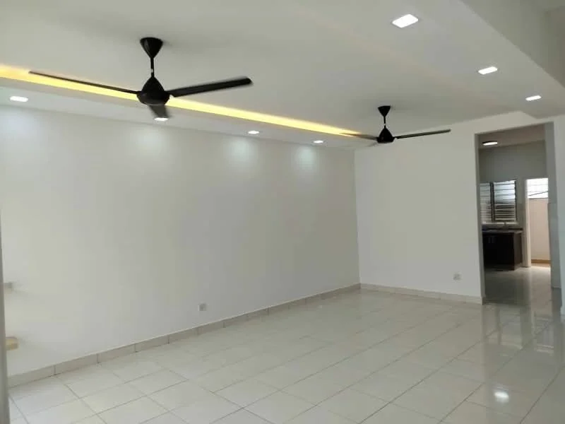 Living features: white painted walls, polished ceramic tile flooring, 5-blade ceiling fan with light, recessed LED downlights, LED strip lighting, open layout, no visible furniture, neutral color scheme; style: modern.
