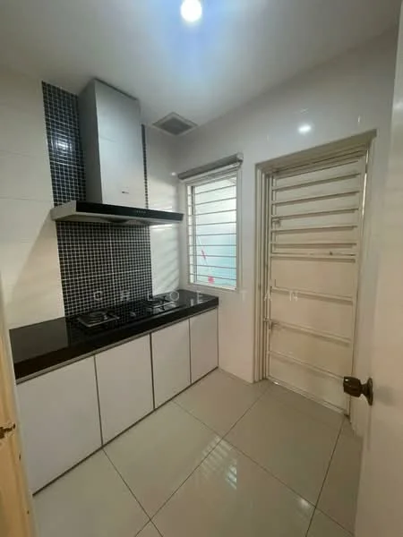 Kitchen features: black granite countertop, white cabinetry with flat-panel doors, built-in gas hob, stainless-steel range hood, black tiled backsplash, ceramic tile flooring, single-bowl stainless-steel sink, window with horizontal bars, door with horizontal slats; style: modern.