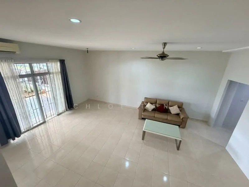 Living features: cream painted walls, glossy tile flooring, 5-blade ceiling fan with light, floor-to-ceiling windows, sheer curtains, sliding glass door, sofa in beige, glass coffee table, decorative cushions, natural light from windows; style: modern; view: garden.