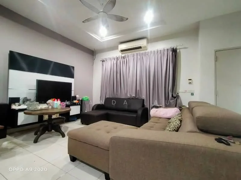 Living features: 5-blade ceiling fan with light, wall-mounted TV, black leather sofa, beige L-shape sectional sofa, coffee table, curtains in grey, air conditioning unit, white tiled flooring, decorative cushions, side table; style: modern.