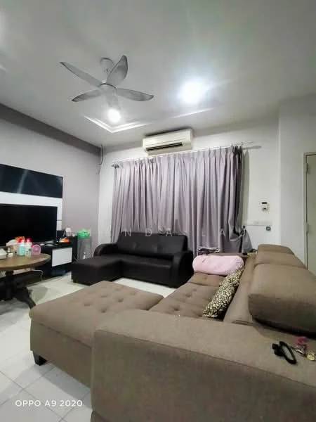 Living features: L-shape sectional sofa in beige, 3-seater fabric sofa, coffee table, wall-mounted TV, TV console, 5-blade ceiling fan with light, 1 wall-mounted split AC, grey curtains, white walls, tile flooring, decorative items on coffee table, area rug; style: modern.