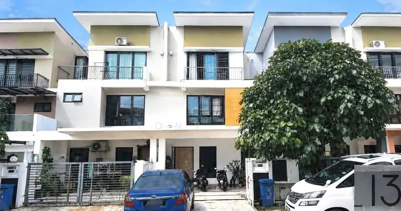 Exterior type: linked terrace house; features: white painted facade, yellow accent wall, balconies with glass railings, multiple storeys, manicured landscaping, parking space in front, visible air conditioning units, front gate with fence; style: modern.