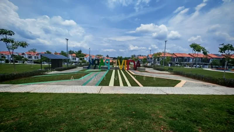 Exterior type: landscape garden; features: manicured lawn, paved walkway, green pathways, shade structures, surrounding residential houses, open green space, trees, playground area, outdoor lighting, benches; style: modern.
