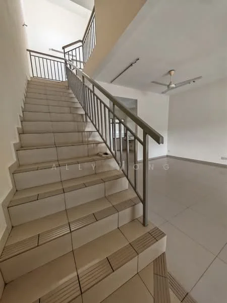 Room features: staircase with metal railing, tiled flooring in beige and cream, white painted walls, ceiling fan, recessed lighting, open space, natural light from upper level, no visible furniture; style: modern.