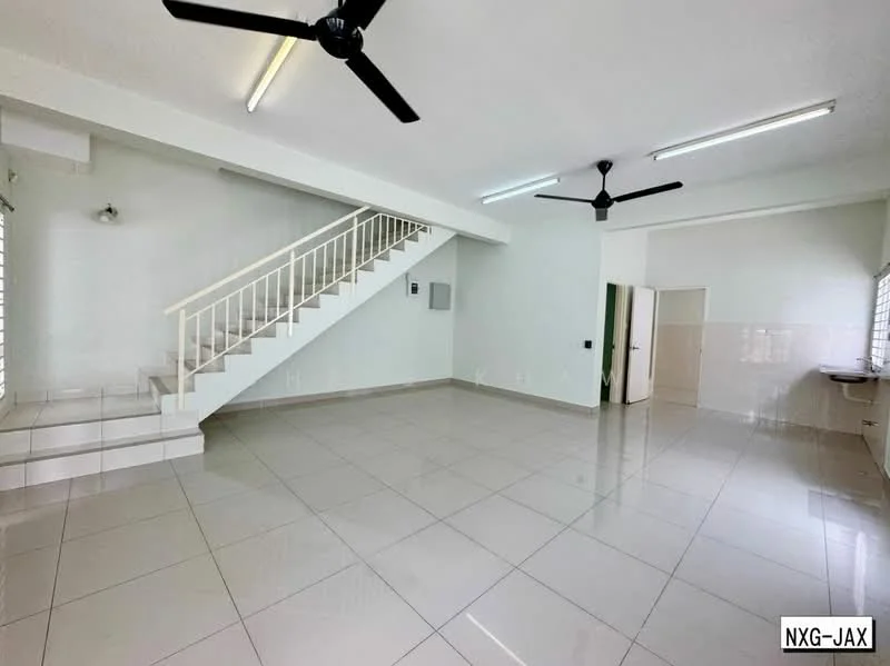 Living features: white painted walls, glossy ceramic tile flooring, 2 ceiling fans, staircase with white railing, large windows for natural light, neutral color scheme, open layout, corner for potential dining area; style: modern.