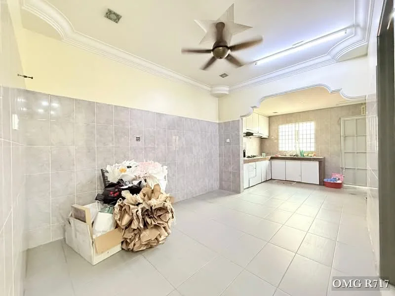 Kitchen features: white painted walls, grey tiled flooring, tray ceiling with ceiling fan, window with natural light, kitchen cabinetry, countertop, sink, open layout, storage boxes, wall tiles, light fixture; style: modern.