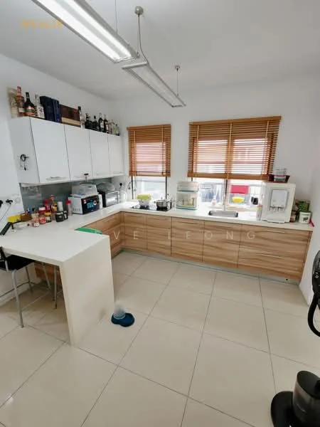 Kitchen features: white cabinetry with flat-panel doors, wooden countertop, stainless-steel appliances, built-in oven, microwave, single-bowl stainless-steel sink, chrome pull-down faucet, ceramic tile flooring, window with wooden blinds, bar stool seating, open shelving, decorative bottles on shelves, recessed lighting; style: modern.