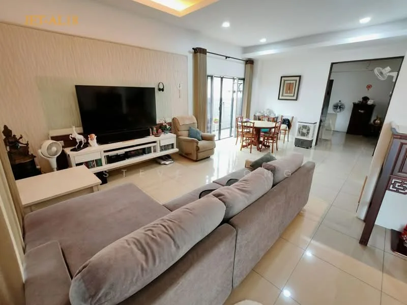 Living features: 3-seater fabric sofa in grey, coffee table, wall-mounted TV, TV console, area rug, recessed downlights, cream painted walls, tile flooring, sliding glass door, curtains, decorative wall art, ceiling with tray design; style: modern. Dining features: 6-seater dining table, wooden dining chairs, decorative wall art, tile flooring; style: modern.