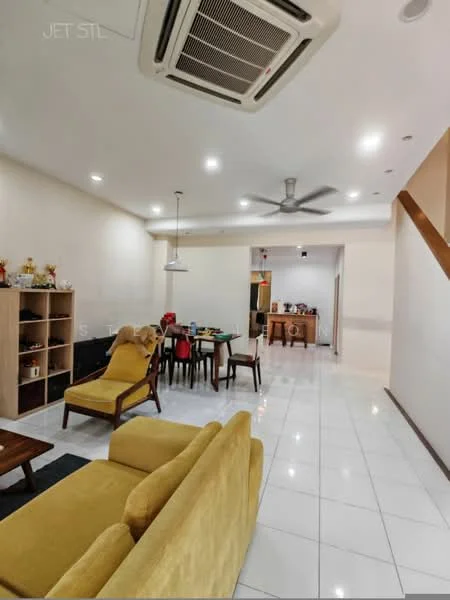 Living features: yellow fabric sofa, wooden coffee table, wall-mounted TV, 5-blade ceiling fan with light, recessed LED downlights, white tiled flooring, cream painted walls, open shelving unit, dining table with chairs, air conditioning unit; style: modern.