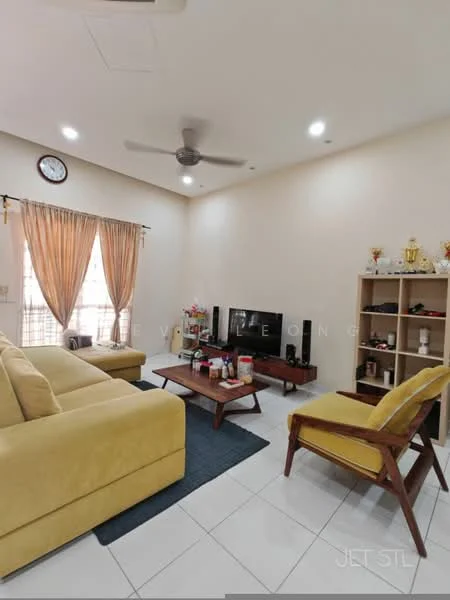 Living features: yellow fabric sofa, wooden coffee table, area rug in dark blue, wall-mounted TV, freestanding TV cabinet, ceiling fan with light, curtains in beige, wall clock, built-in shelving unit, decorative items on shelves, white tiled flooring, recessed ceiling lights; style: modern.