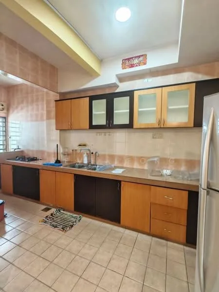 Kitchen features: L-shaped kitchen layout, brown and black cabinetry, stainless-steel refrigerator, built-in gas stove, kitchen sink with faucet, countertop with tile backsplash, ceramic tile flooring, window for natural light, striped kitchen mat; style: modern.