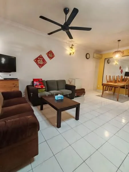 Living features: 3-seater fabric sofa in grey, 2-seater fabric sofa in brown, wooden coffee table, wall-mounted TV, ceiling fan with light, white tiled flooring, decorative wall art, air conditioning unit, dining table with chairs visible in background; style: modern.