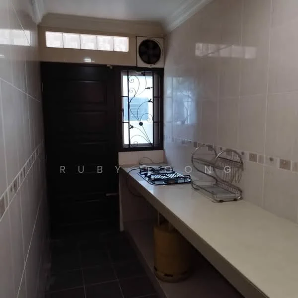 Kitchen features: white tiled walls, grey tiled flooring, single-bowl stainless-steel sink, 4-burner gas hob, countertop with backsplash, window with decorative grille, wall-mounted exhaust fan, open shelving, cabinets below countertop; style: modern.