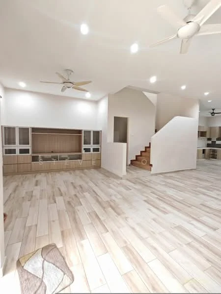 Living features: light wood tile flooring, white painted walls, recessed LED downlights, 2-blade ceiling fan, built-in cabinetry with glass doors, open space layout, staircase leading to upper floor, large windows for natural light; style: modern.