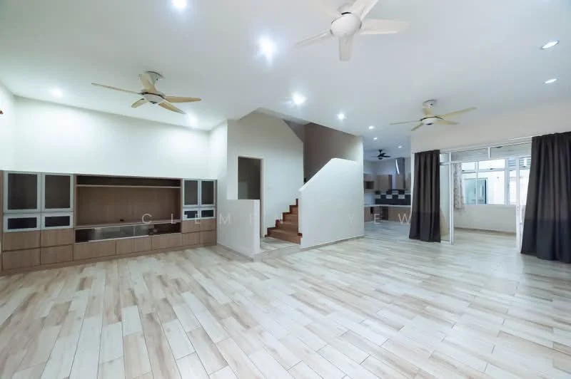 Living features: wooden flooring, 5-blade ceiling fan with light, 2 ceiling fans, built-in cabinetry with TV console, large windows with sheer curtains, open layout, staircase leading to upper floor, neutral wall color, recessed downlights; style: modern.