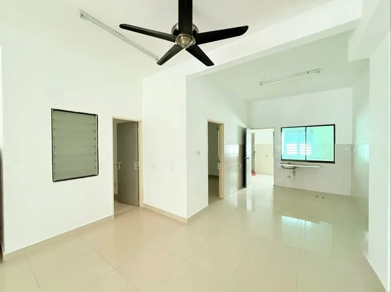 Room features: white painted walls, tiled flooring, 5-blade ceiling fan, large window with horizontal slats, doorway leading to another room, doorway leading to bathroom, natural light from windows, high ceiling; style: modern.