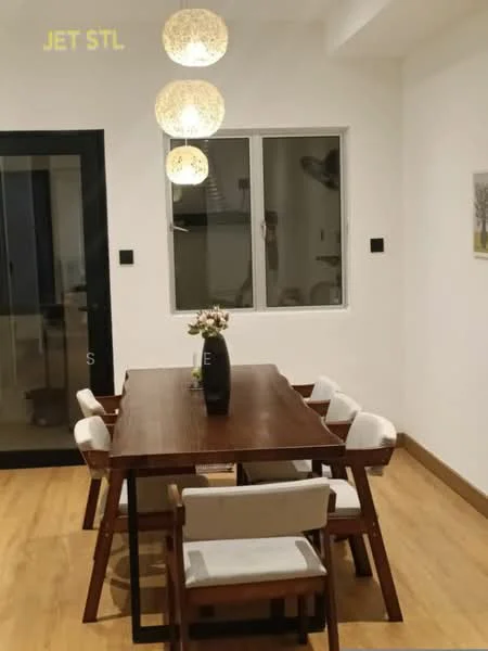 Dining features: wooden dining table, 6 upholstered dining chairs, pendant lighting with three globes, white walls, laminate flooring, large window with view, decorative vase on table, air conditioning unit on wall; style: modern.