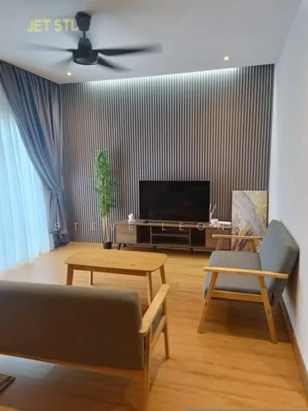 Living features: wooden flooring, grey fabric sofa, wooden coffee table, TV console, wall-mounted TV, 5-blade ceiling fan, recessed downlights, vertical wood panel accent wall, floor-to-ceiling windows with sheer curtains, decorative plant in pot, framed artwork; style: modern.