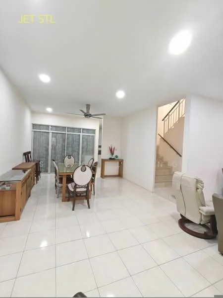Dining features: white painted walls, glossy tile flooring, 5-blade ceiling fan with light, dining table with 6 chairs, wooden sideboard, sliding glass door, decorative plant, open layout to living area; style: modern. Living features: cream painted walls, glossy tile flooring, 2-seater fabric sofa, armchair, side table, staircase leading to upper floor; style: modern.