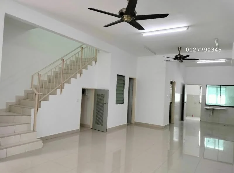 Living features: white painted walls, polished ceramic tile flooring, 2 ceiling fans, staircase with white railing, large windows, open layout, recessed lighting, wall-mounted air conditioning unit; style: modern. Kitchen features: white cabinetry, sink, countertop, tile backsplash, window, open layout; style: modern.