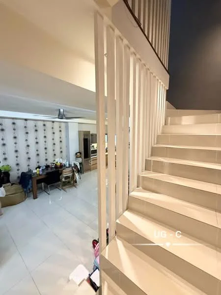 Room features: white painted walls, white staircase with railing, glossy tile flooring, recessed ceiling lights, open-plan layout, dining area with table and chairs, kitchen area visible in background, decorative wall with pattern; style: modern.