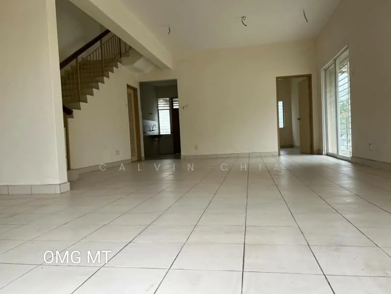 Room features: white painted walls, tile flooring, large windows, sliding glass door, staircase visible, open layout, ceiling lights, neutral color scheme; style: modern.