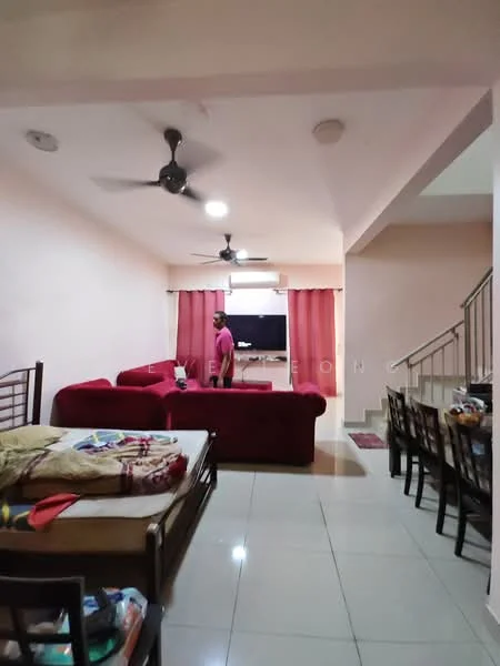 Living features: 3-seater fabric sofa in red, 2-blade ceiling fan, wall-mounted TV, light-colored walls, tile flooring, curtains in pink, coffee table, area rug, dining table with multiple chairs; style: modern. Room features: staircase, light-colored walls, tile flooring.