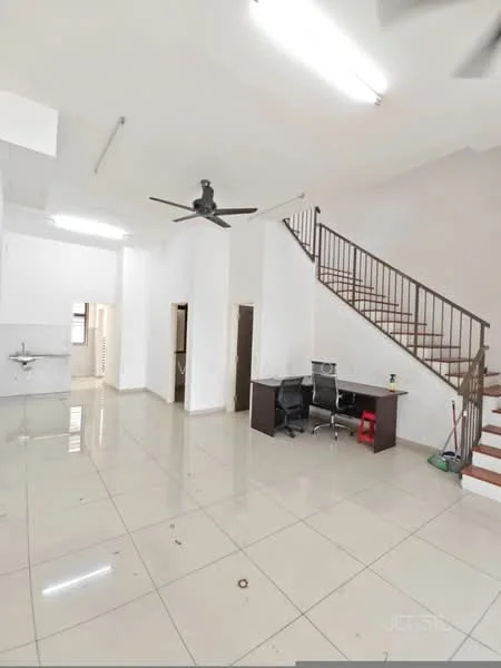 Living features: white painted walls, polished tile flooring, 5-blade ceiling fan, large windows, staircase with wooden railing, open layout, study desk, office chair; style: modern. Kitchen features: stainless-steel sink, single-bowl stainless-steel sink, wall-mounted cabinets, countertop space, open layout; style: modern.