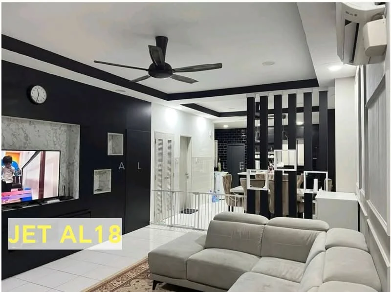 Living features: 5-blade ceiling fan with light, wall-mounted TV, TV console, L-shape sectional sofa in light grey, white tiled flooring, black accent wall, white walls, recessed downlights, decorative wall panels, clock on wall, open layout to dining area, air conditioning unit; style: modern.