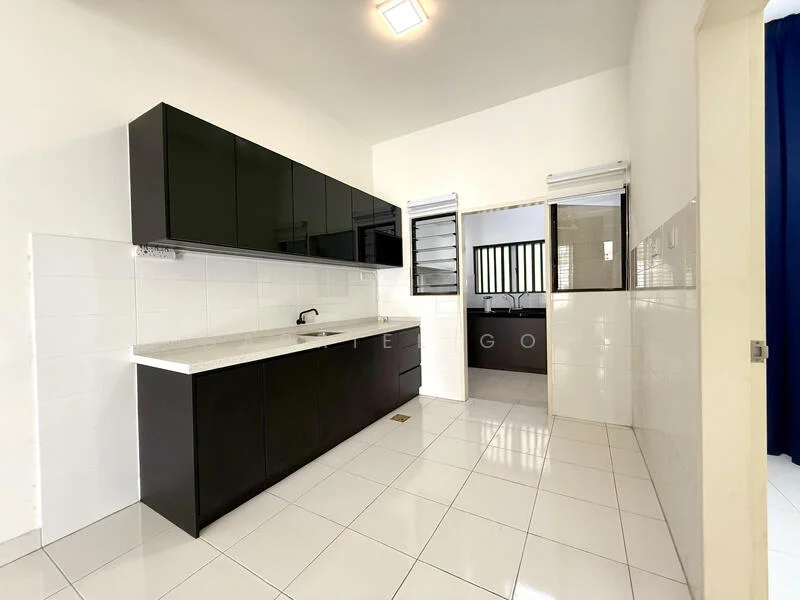 Kitchen features: black cabinetry, white marble countertop, single-bowl stainless-steel sink, chrome pull-down faucet, ceramic tile flooring, white tiled backsplash, built-in oven, microwave, window with grille, recessed ceiling lights; style: modern.