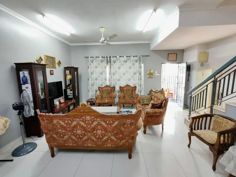 Living features: cream painted walls, white ceiling, recessed downlights, 5-blade ceiling fan, large windows with sheer curtains, polished tile flooring, traditional wooden sofa set with intricate carvings, matching armchairs, coffee table, TV console, wall-mounted TV, decorative wall art, area rug; style: traditional.
