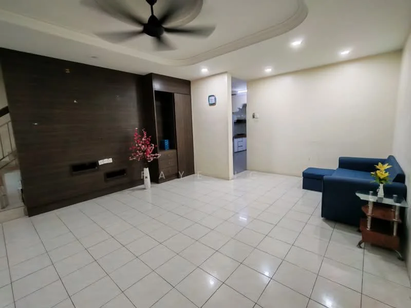 Living features: white painted walls, cream tiled flooring, 5-blade ceiling fan, sofa in blue fabric, glass coffee table, decorative plant in ceramic pot, built-in wall unit with dark wood finish, recessed lighting, open layout to kitchen area; style: modern.