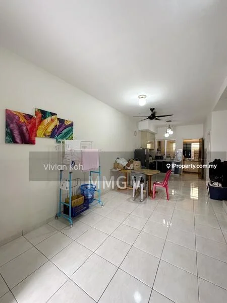 Living features: white painted walls, glossy ceramic tile flooring, 5-blade ceiling fan with light, dining table with chairs, plastic chairs, open layout, wall-mounted artwork, laundry basket, kitchen area visible in background; style: modern.