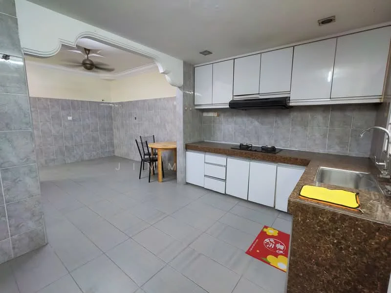 Kitchen features: white cabinetry, brown granite countertop, stainless-steel sink, gas hob, exhaust hood, grey tiled walls, grey tiled flooring, recessed ceiling lights, 5-blade ceiling fan, kitchen island, red and yellow patterned mat; style: modern. Dining features: wooden dining table, 2 black chairs.