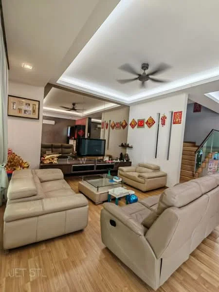 Living features: 2-seater leather sofa in beige, 3-seater leather sofa in beige, coffee table, TV console, wall-mounted TV, ceiling fan, recessed LED downlights, wooden flooring, decorative wall art, decorative items on shelves, open space layout, staircase visible in background; style: modern.