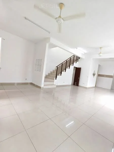 Living features: white painted walls, polished ceramic tile flooring, 5-blade ceiling fan, staircase with wooden railing, large windows for natural light, neutral color scheme, open layout, no visible furniture; style: modern.