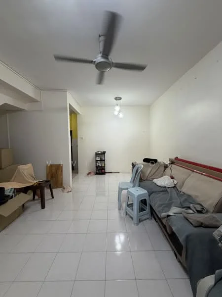 Living features: white painted walls, glossy white tile flooring, 5-blade ceiling fan with light, hanging pendant lights, sofa with beige upholstery, wooden coffee table, plastic chair in light blue, decorative throw blanket, cardboard boxes in the corner; style: minimalist.